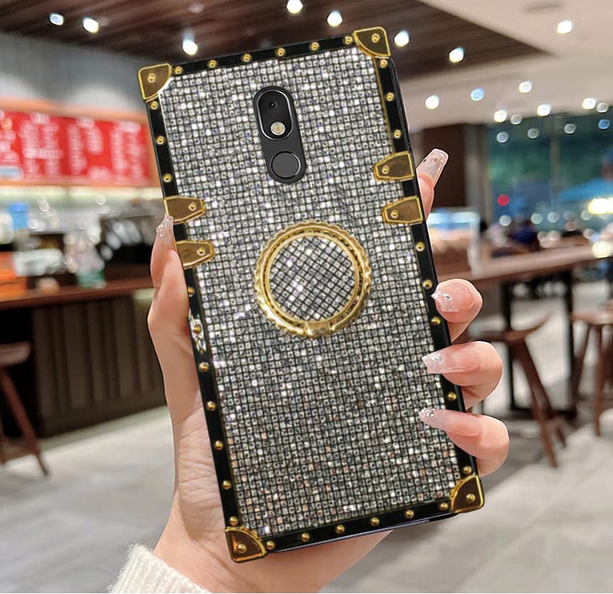 LXXZBC for LG Stylo 5/Stylo 5 Plus/Stylo 5X/Stylo 5V Bling Case,Luxury Bling Glitter Cute Gold Corner Soft TPU Trunk Cover with Finger Ring Grip Kickstand Phone Skin,White