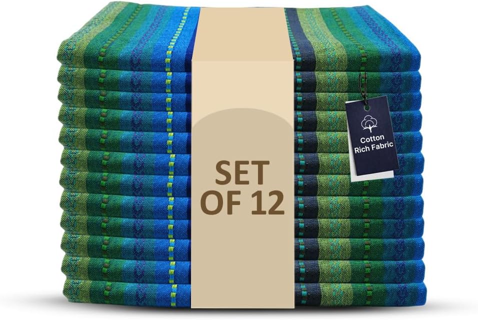 LFH Home Cotton Rich Cloth Salsa Napkin Set of 12 Washable Soft Durable Striped Table Napkins for Dining Wedding Daily Use Reusable Eco-Friendly Fabric Napkins for Elegant Settings(18x18)-Blue Multi