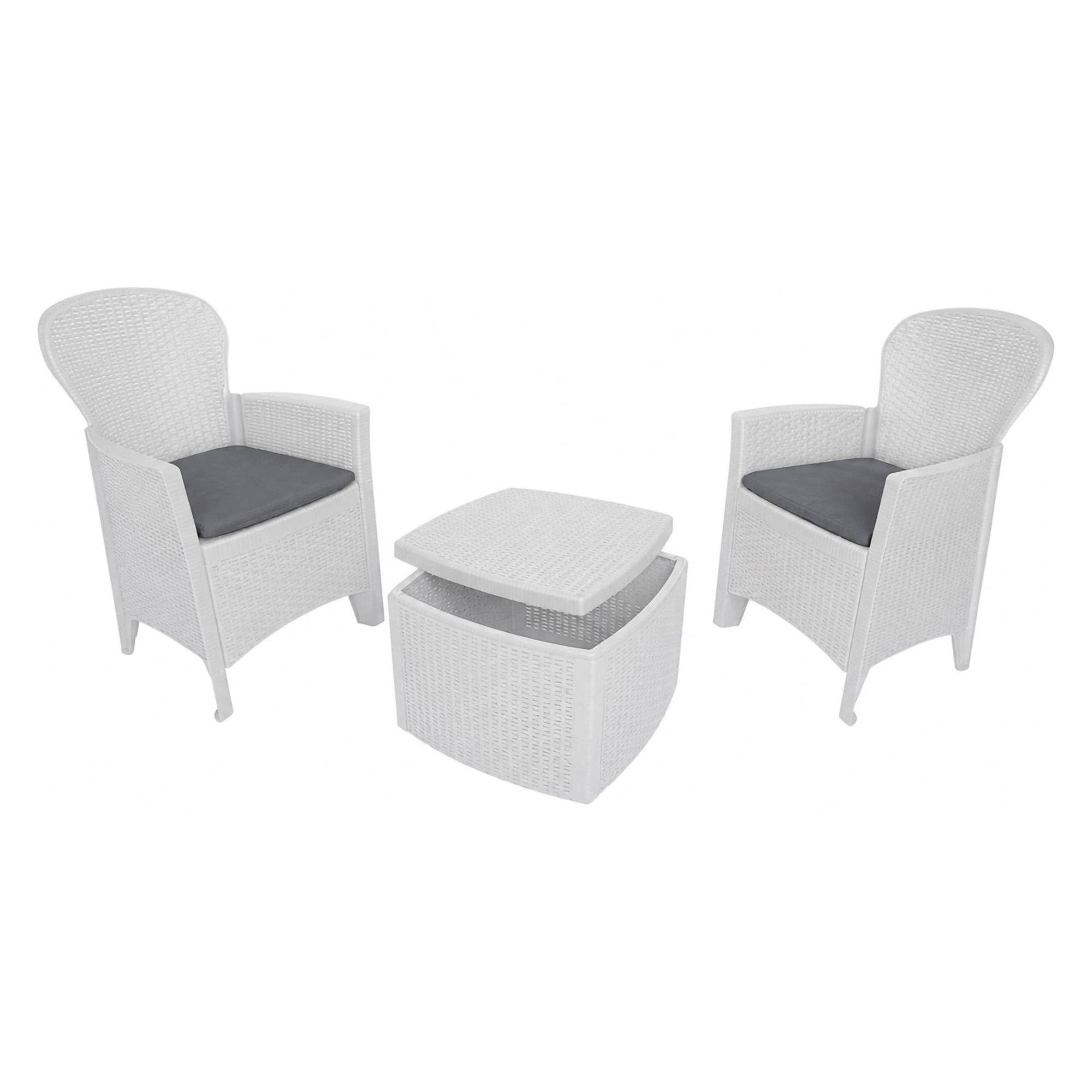 Dmora - Set salotto da esterno Napoli, Composizione da giardino con 2 poltrone ed 1 tavolino contenitore, Salottino effetto rattan, 100% Made in Italy, Bianco