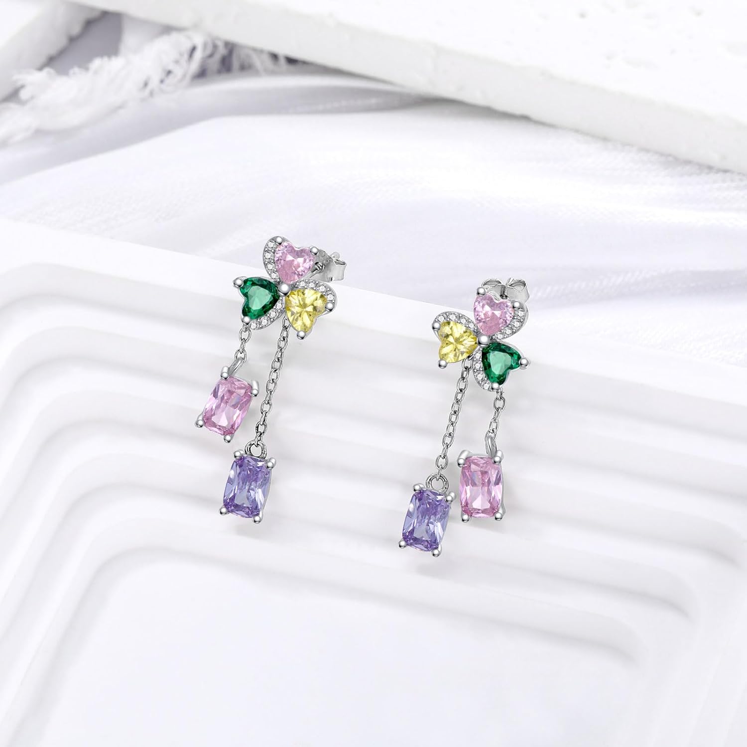 Colorful 3 Leaf Clover Stud Earrings for Women Sterling Silver Hypoallergenic Heart Shaped Clover Dangle Chain Loop Drop Earrings Jewelry Gift for Mom Wife - Image 5