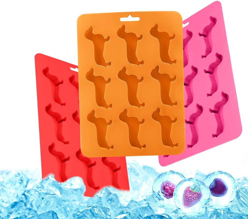 BPA Free Ice Cube Trays and Container Durable and Dishwasher Safe Mold Flexible Dachshund Dog Shape Tray for Home,Bar,Part,Halloween Summer Use (3 pack three color)