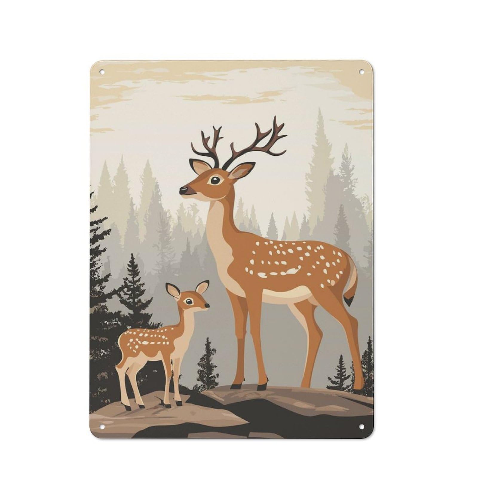 Junmoney Deer Family In Forest Rustic Metal Plaque 40X30cm For Hobby Room Or Studio, For Vintage Wall Decor Fans, For Garage And Workshop Walls
