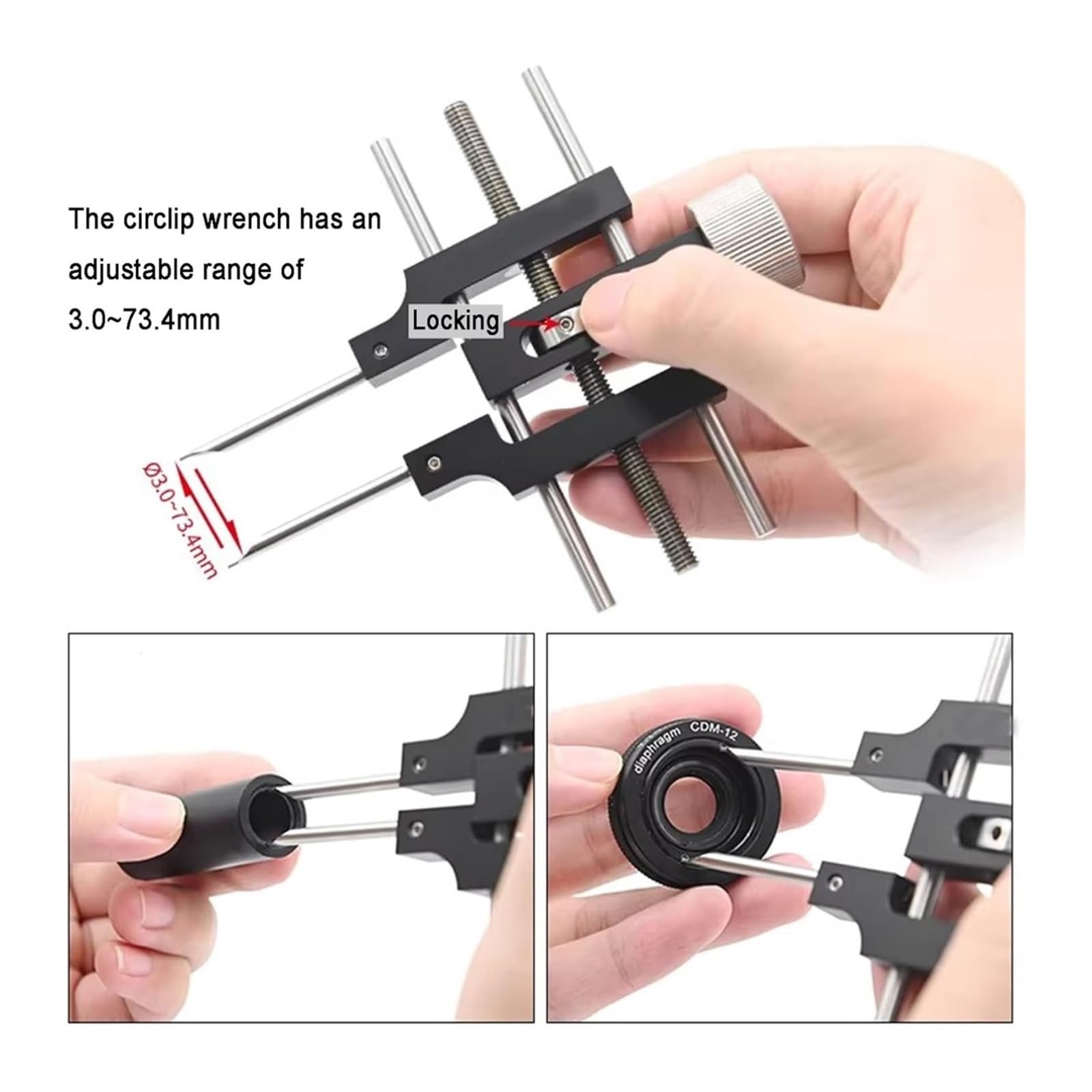 Llave de anillo de retención óptica ajustable, herramienta de anillo a presión de doble extremo para instalar y quitar collares, herramienta de precisión con rango de diámetro de sujeción