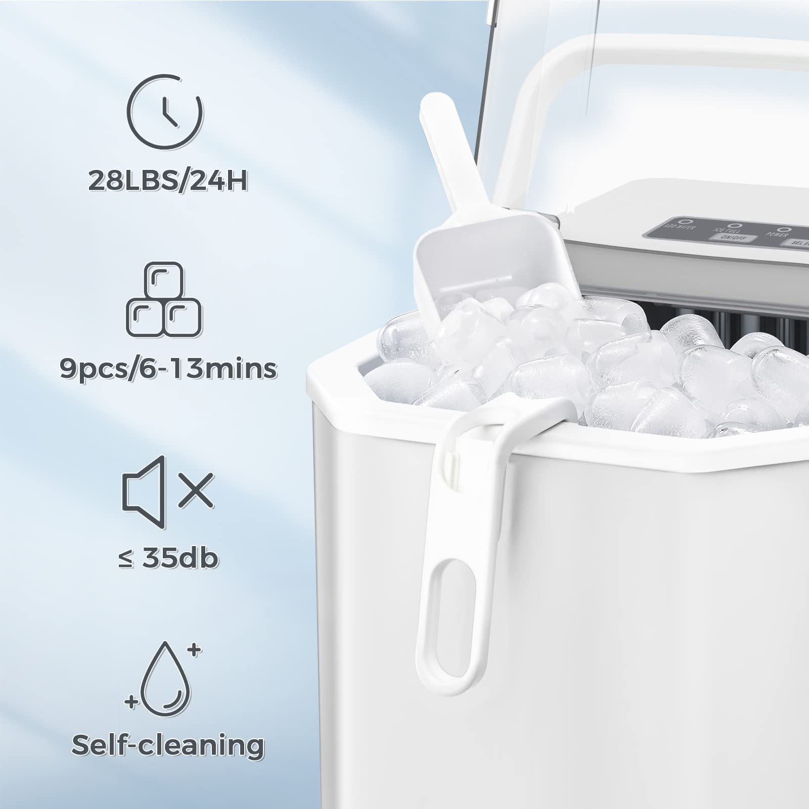 Antarctic Star Countertop Ice Maker, S/L Bullet Ice, 28lbs/Day, 9 Ice Cubes In 6 Mins, Portable Ice Machine With Ice Scoop And Handle, Self-Cleaning, One-Click Operation, For Kitchen Office Home White on Fridge.com - View 3