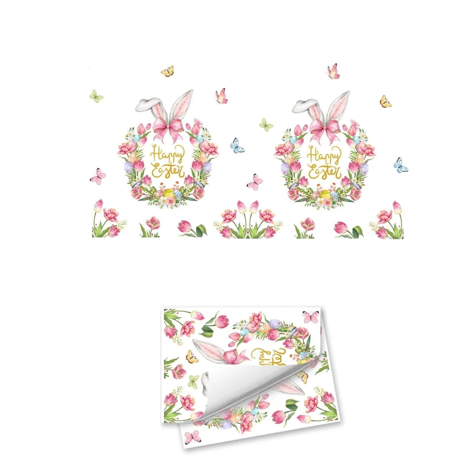 4Sheet 2D Flat Easter Bunny Wreath Window Sticker - Static Cling Glass Decor for Easter Party and Festival Celebration