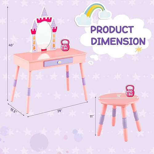 Miniatura 16 de HONEY JOY Juego de tocador para niños con espejo, mesa de tocador de madera con taburete y cajón, parte superior extraíble, juego de tocador de