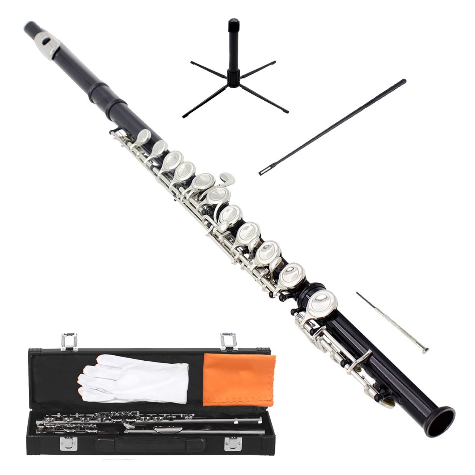 Strumento Flauto Professionale Flauto Traverso In Argento Nichelato Con Chiave In Mi E Do Foro Chiuso(Black)