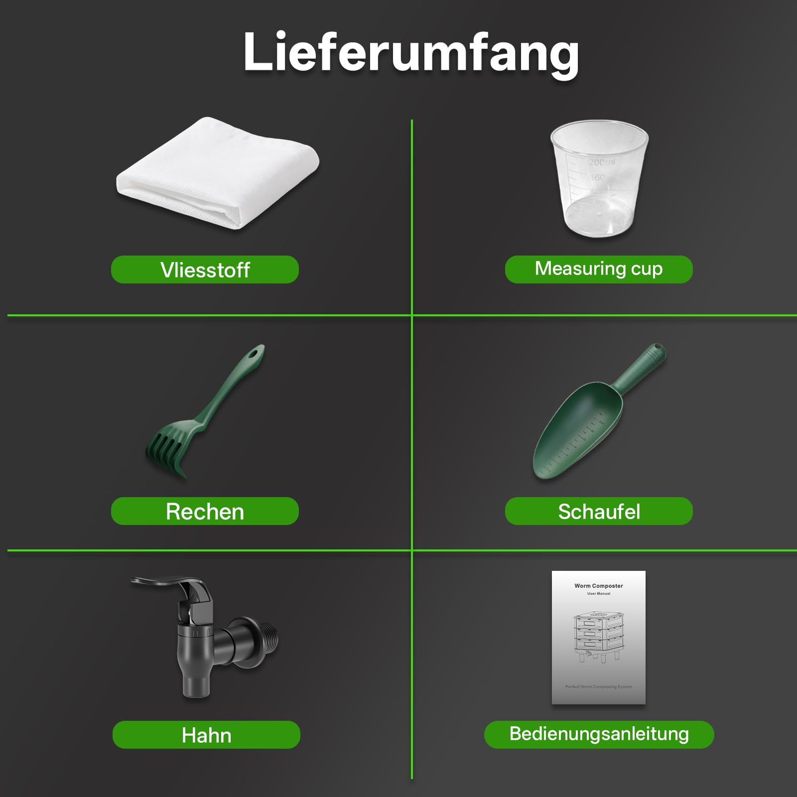 50 L 3‑Etagen Wurmkomposter für Innen & Außen – Starter Set aus Kunststoff als Wurmkiste & Wurmfarm für Küchenabfälle, Schwarz