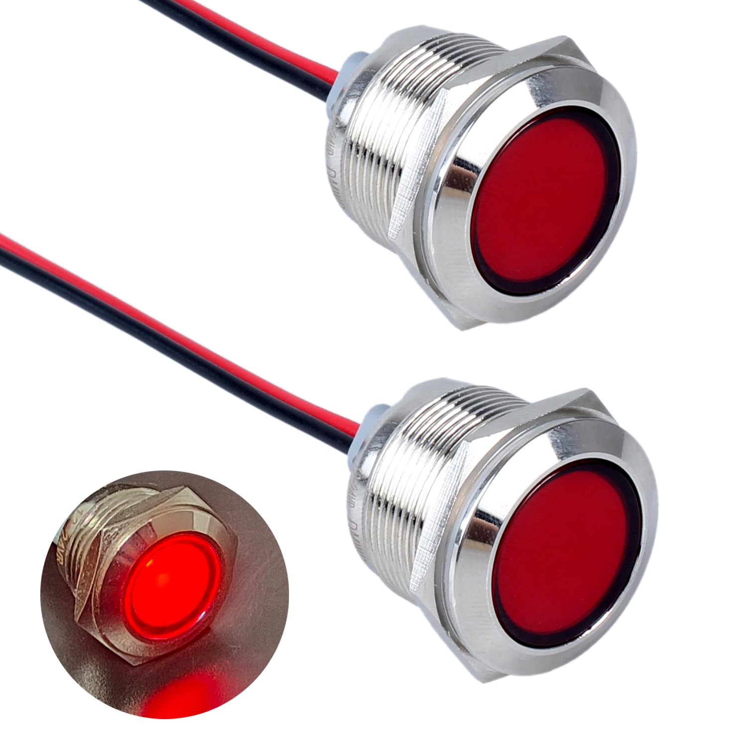 DMWD 2PCS 22mm Metal Indicator Light Mounting Hole 7/8", 12-24V AC/DC 20mA Waterproof IP67 Single lamp LED Pilot Lamp Flat Head with 20cm/7.87in. Wire