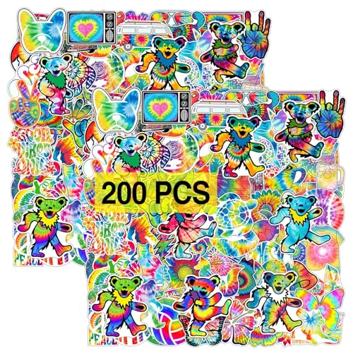 Babymiu Tie Dye Rainbow Hippie Psychedelic Stickers200 Pcs Cool Hippie Vinyl Decals Gifts Merch Gifts Party Supplies for Water Bottles Skateboard Luggage Scrapbook Kids Teens Adult