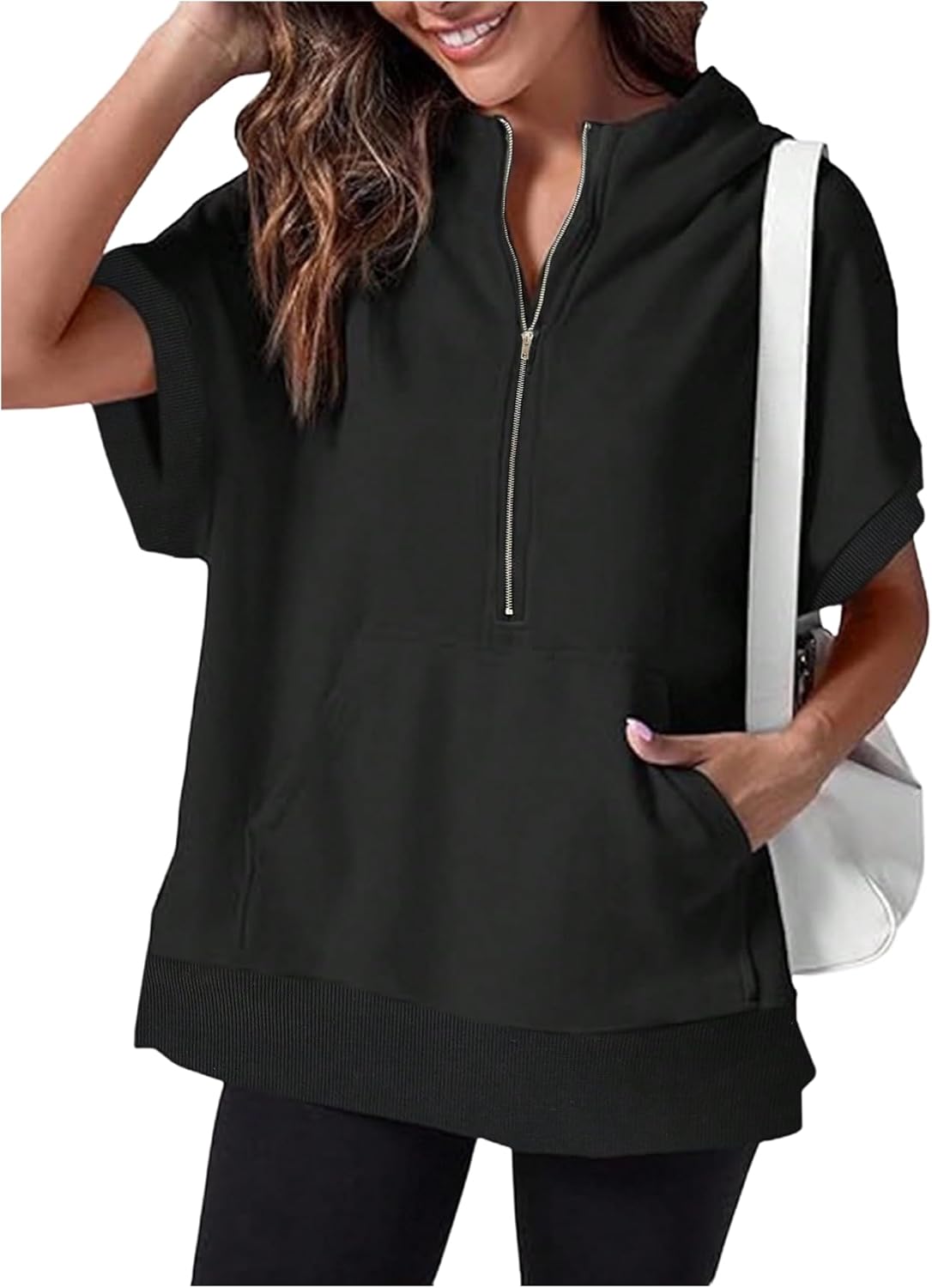 SweatyRocks Women's Oversized Half Zip Hoodies Short Sleeve Split Sweatshirts Pullover Tops with Pocket