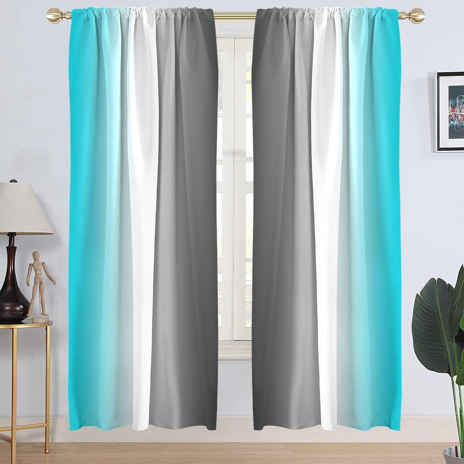 AAtter Teal Turquoise Window Curtain White Blue Aqua Ombre Grey Gray Black Gradient Greyish Silver Boho Long Living Room Bedroom Drapes Treatment