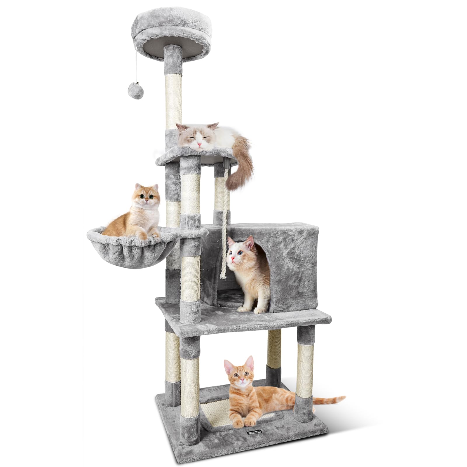 Nobleza Albero per Gatti 148 cm, Tiragraffi con Amaca, 9 Pali Sisal, 2 Piattaforme, Pompon e Cuscino, Gioco per Gatti Adulti, Grigio