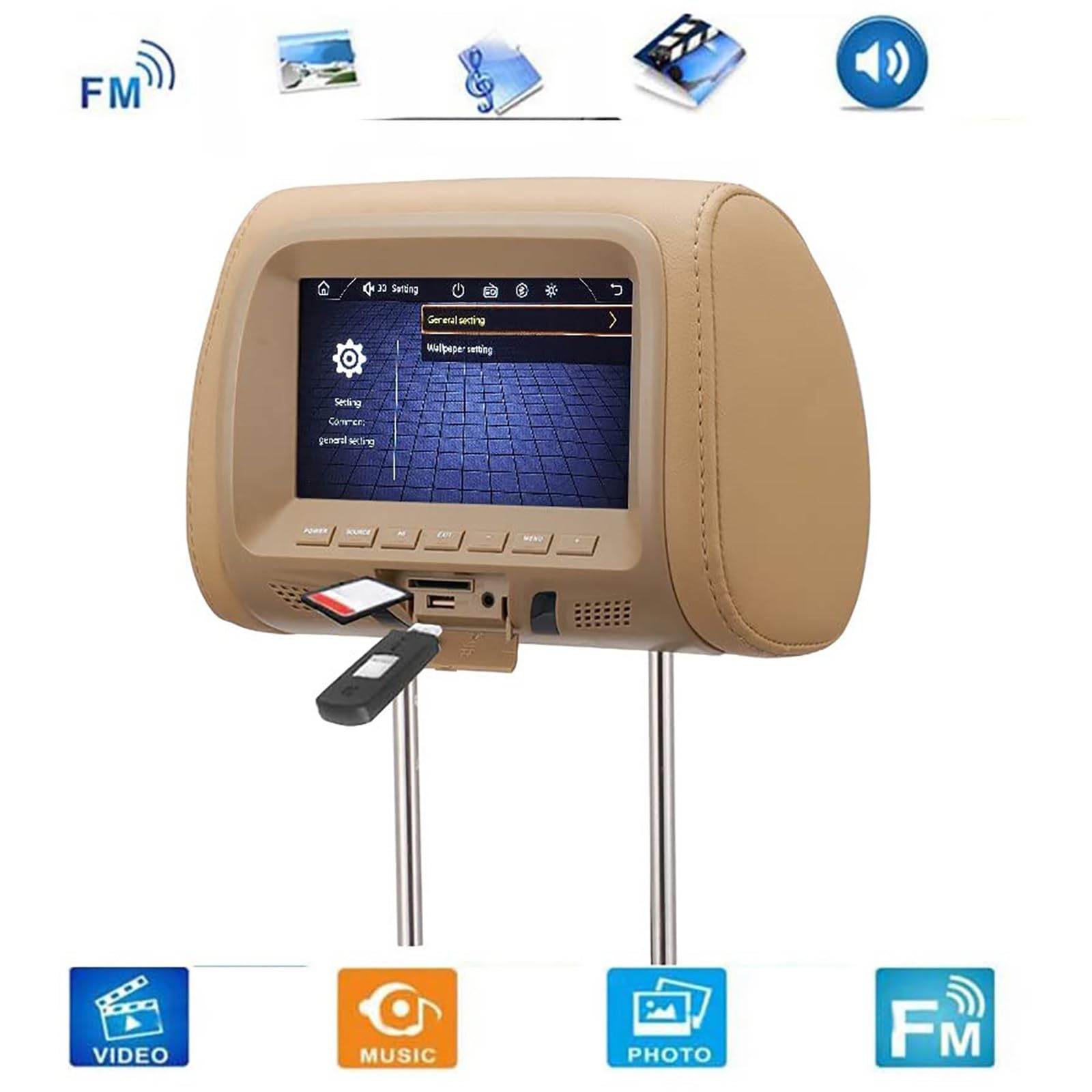 Display per Poggiatesta per Auto da 7 Pollici, Display per Auto MP5, Schermo HD, Trasmettitore FM, Altoparlante Integrato, Interfaccia USB/SD,MP5