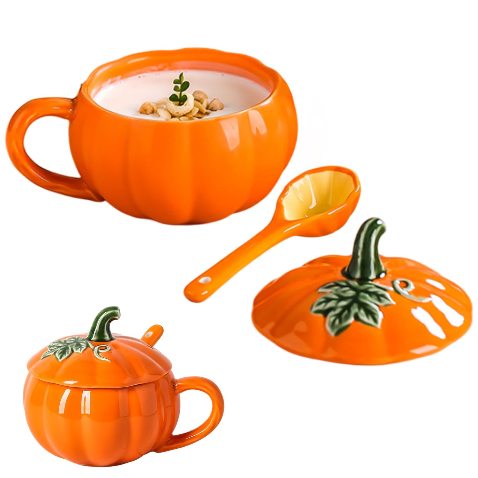 Yeaxxsqy Heat-Resistant Halloween Pumpkin Mug with Lid & Ceramic Spoon, Ergonomic Handle Mug for Milk Coffee Breakfast