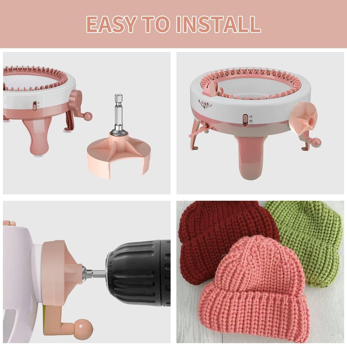 Adaptador para máquina de Tejer, manivela con Broca de Acero Hexagonal para máquina de Tejer, 48 Agujas, Color Rosa