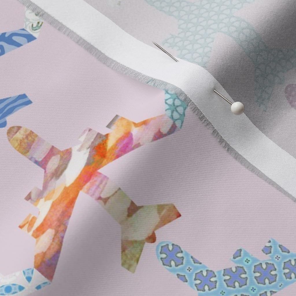 Spoonflower Fabric - Fly Pink Girl Airplane Nursery Sky Plane Printed on Organic Cotton Sateen Fabric by The Yard - Sewing Quilting Apparel Home Decor