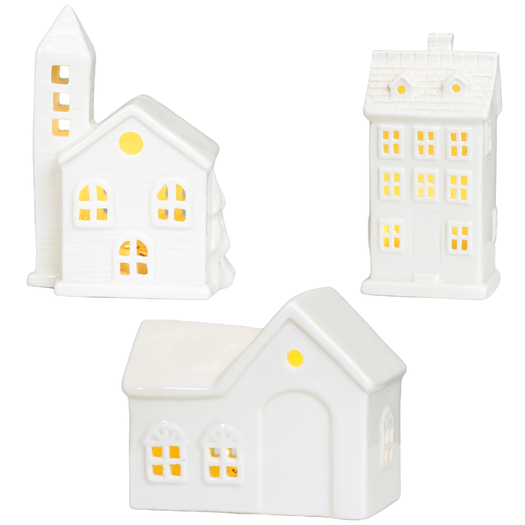 Village de Noël en Céramique Blanche : 3 Bougeoirs Figurines pour Fête d'Hiver