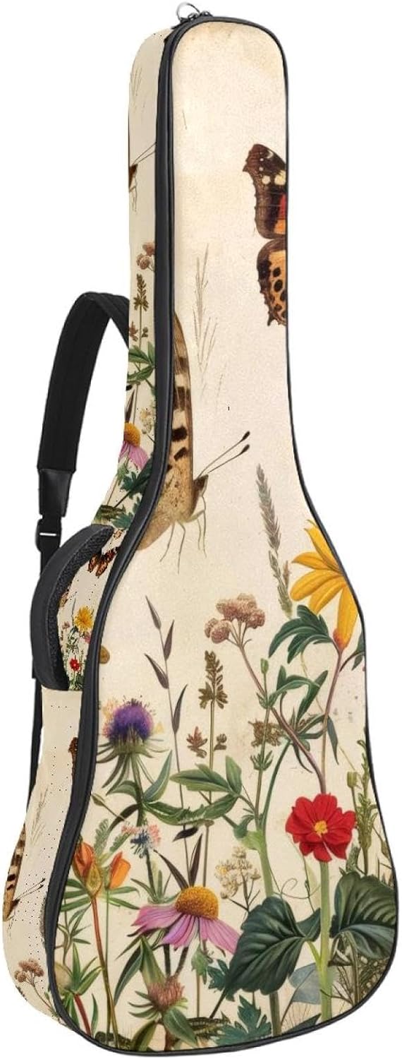 Acoustic Guitar Bag 0.4 Inch Thick Padding Waterproof Guitar Case Gig Bag for 40 41 42 Inch Electric Bass Classical Guitar, Butterflies Wildflowers Vintage