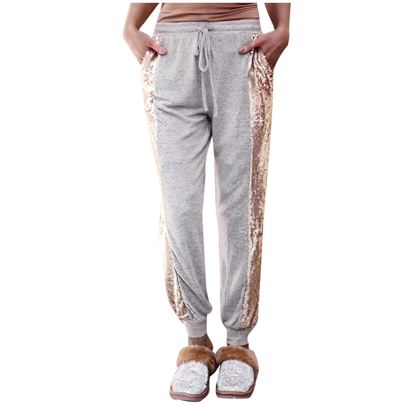 NHNKB Elastic block colour trousers, workout sequin pocket, women's waist active jogging bottoms, camouflage trousers, women's stretch