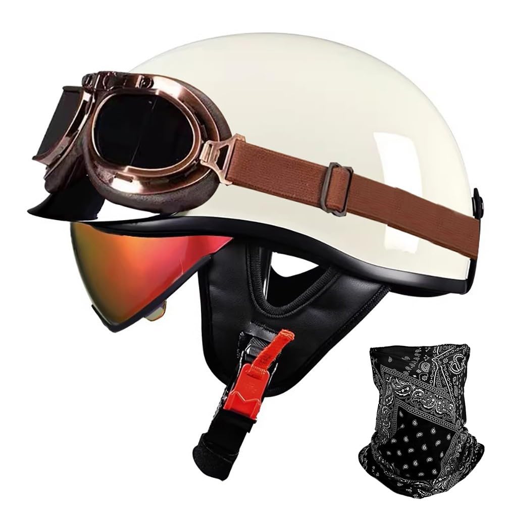URYWTXY Retro Motorcycle Half Helmet with mask, Vintage German Open Face Motorbike Helmet with Adjustable Quick Release Buckle for ATV Chopper Cruiser Street Scooter, ECE Approved