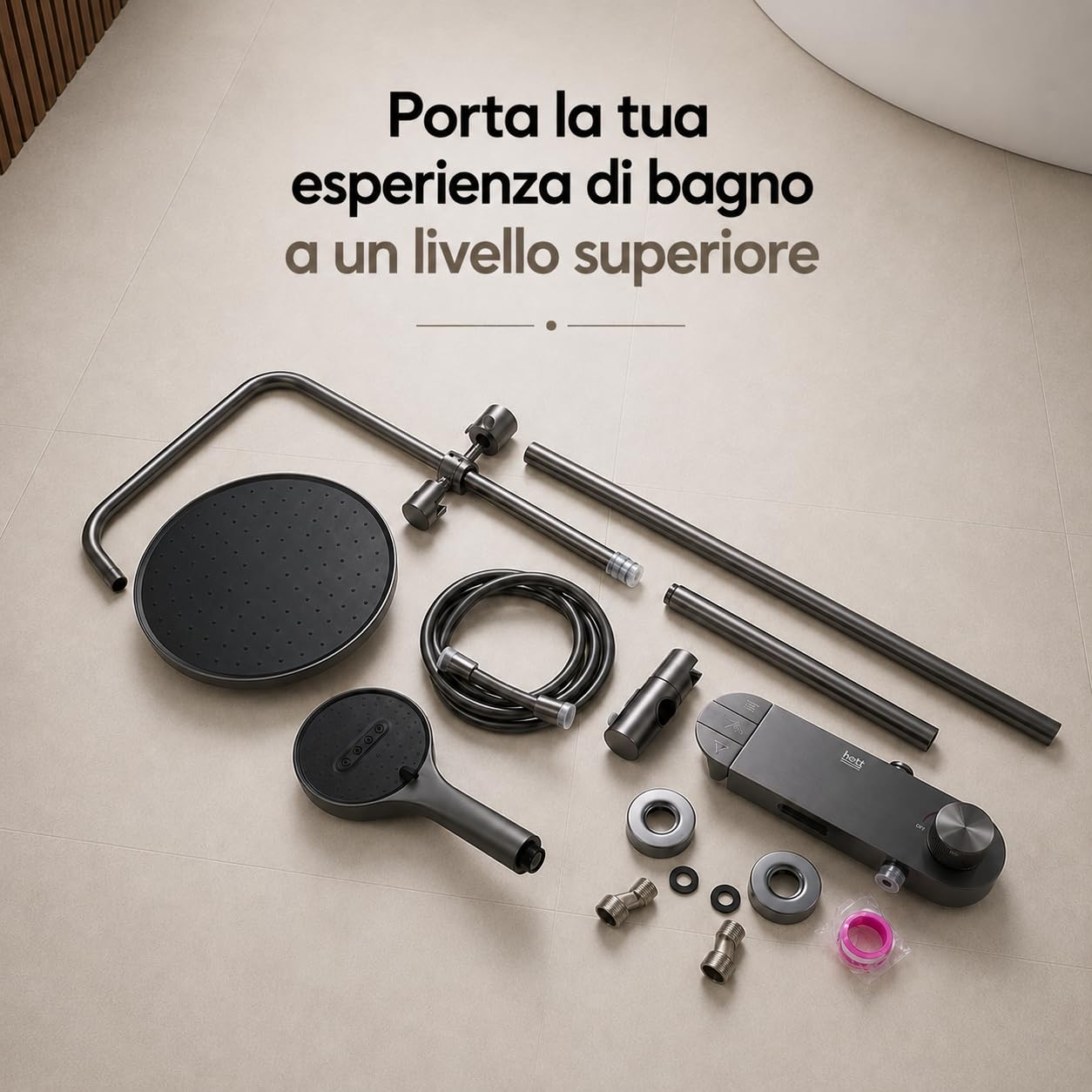 INEX EUROPA Colonna Doccia Nero Grigio Titanio Premium Acciaio Inossidabile 10 Anni di Garanzia - Colonna Doccia Rotonda Effetto Pioggia 3 Modalità di Funzionamento - Doccia 156cm Nero Grigio Titanio