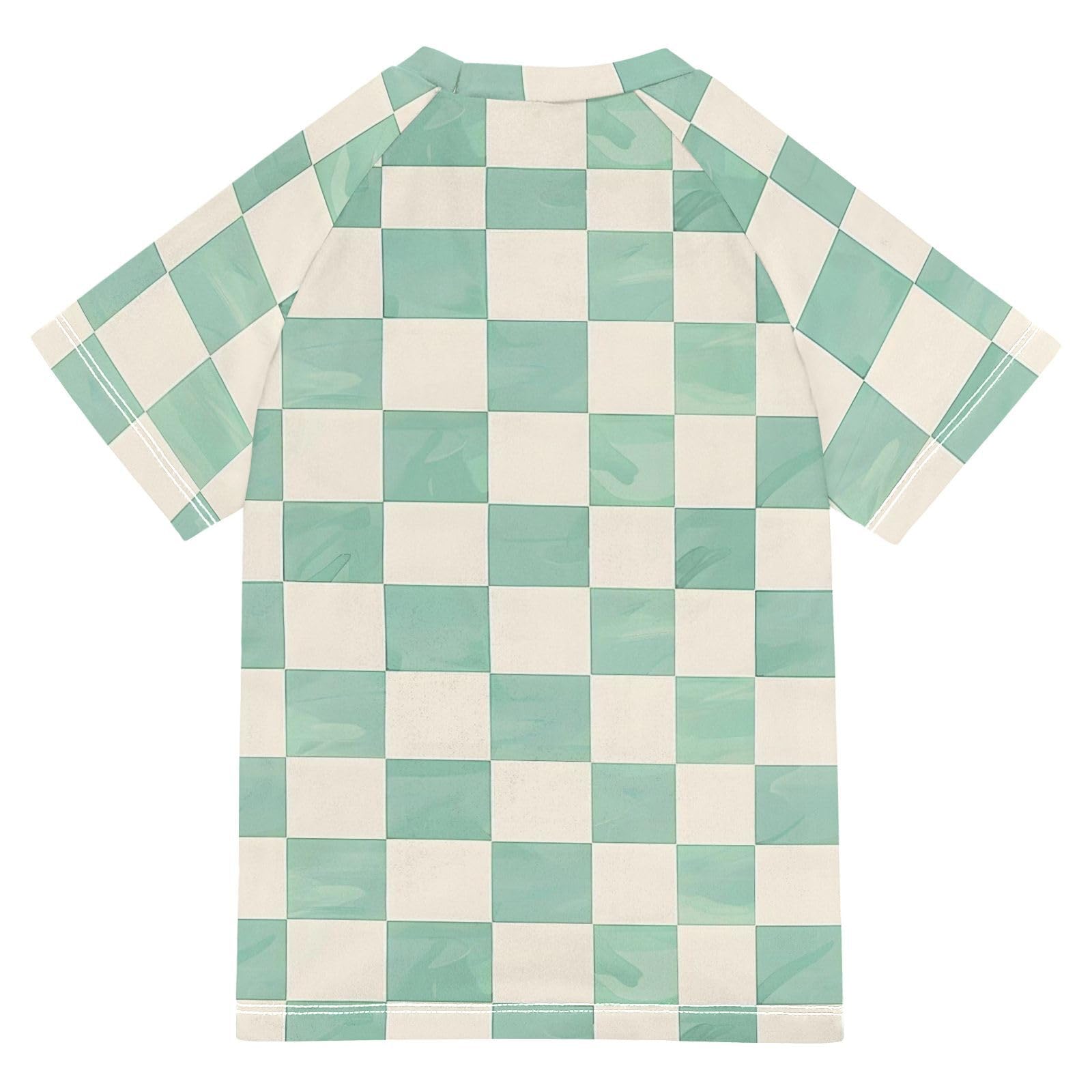 ALAZA Boys Rash Guard Swimming Shirt for Boys Short Sleeve Mint Cream Checked UPF 50+ 5-6T