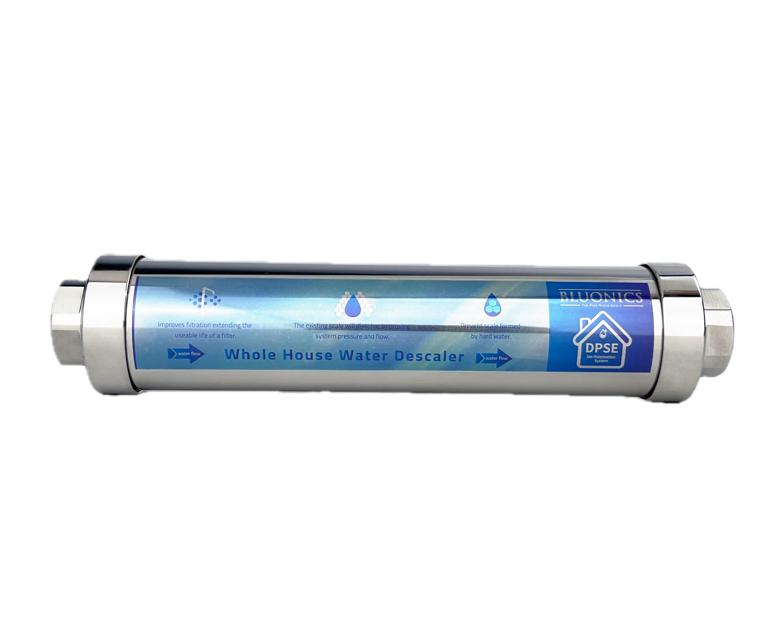Bluonics Whole House Descalcificador para agua sin sal de acero inoxidable, previene la cal y la corrosión, sin sal, alternativa ecológica a los suavizantes