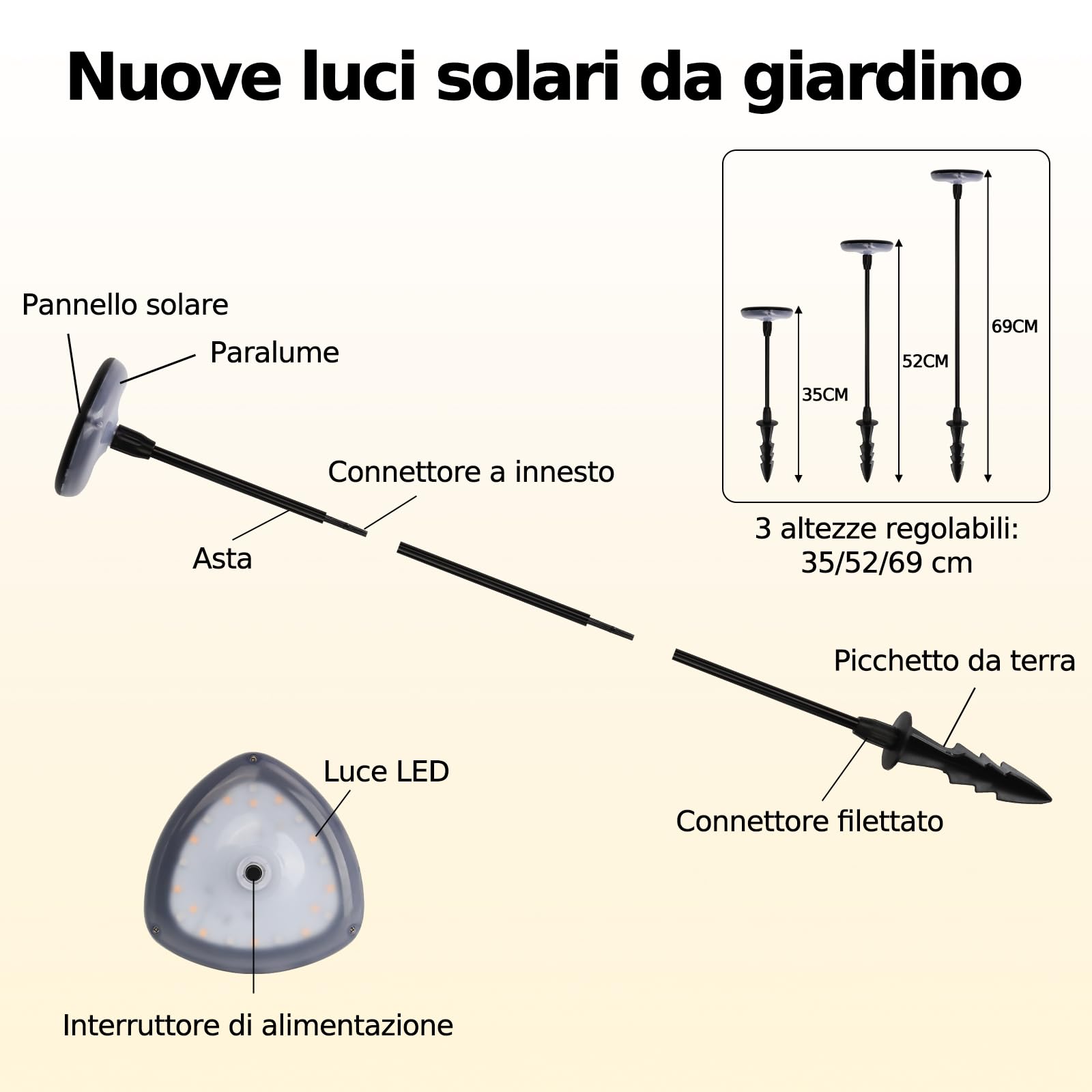 Luci Solari da Giardino Set 4 Pezzi, Lampade Solari da Esterno con Bianco Caldo e RGB, 1000mAh, 21 LEDs 55 lumen, Altezza Regolabile 77 cm, Impermeabile IP65 per Esterno Festa Terra Prato