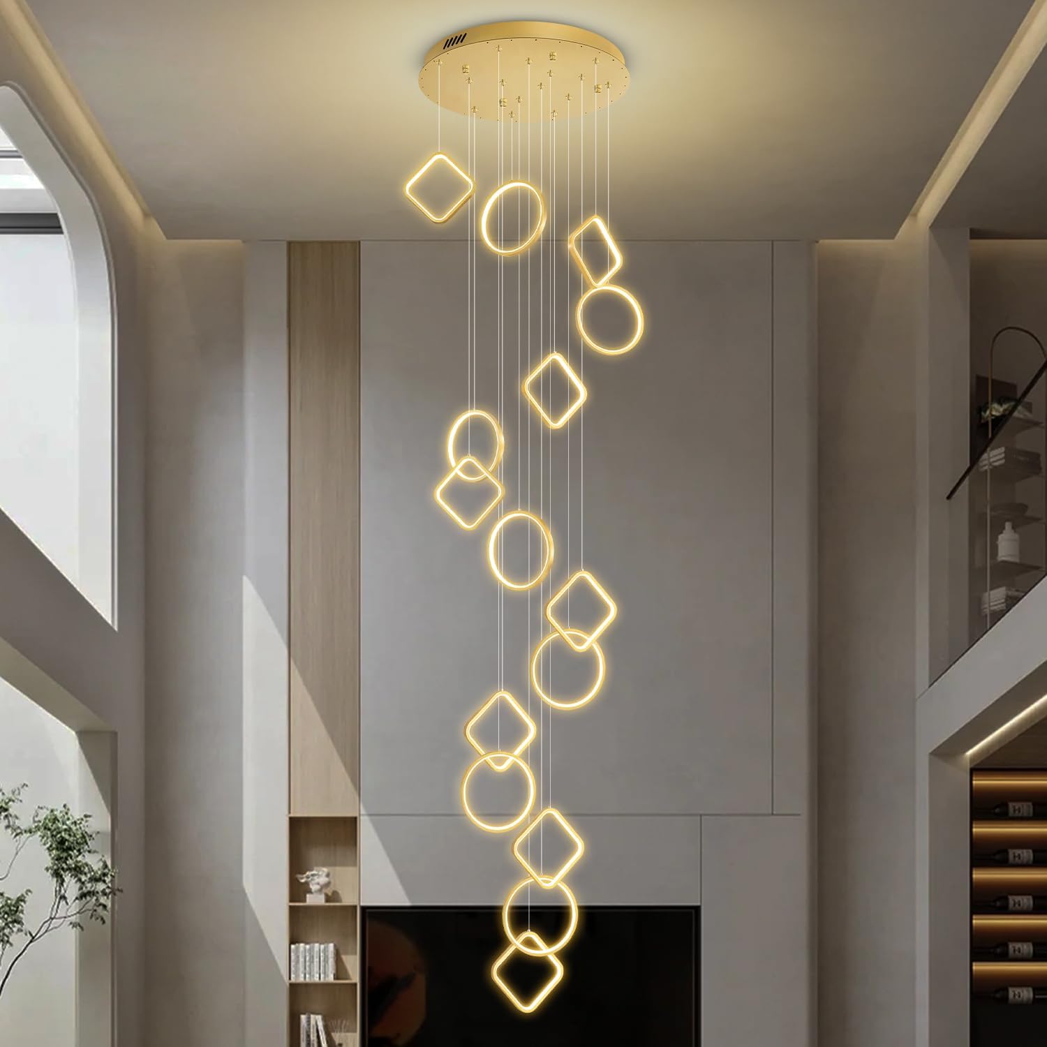 22" Dia x 138" H Modern 15-Light LED Spiral Chandelier, Acrylic Pendant Lighting Fixture for High Ceilings, Staircase, Foyer, Living Room, Warm Light, Adjustable Height, Gold Finish