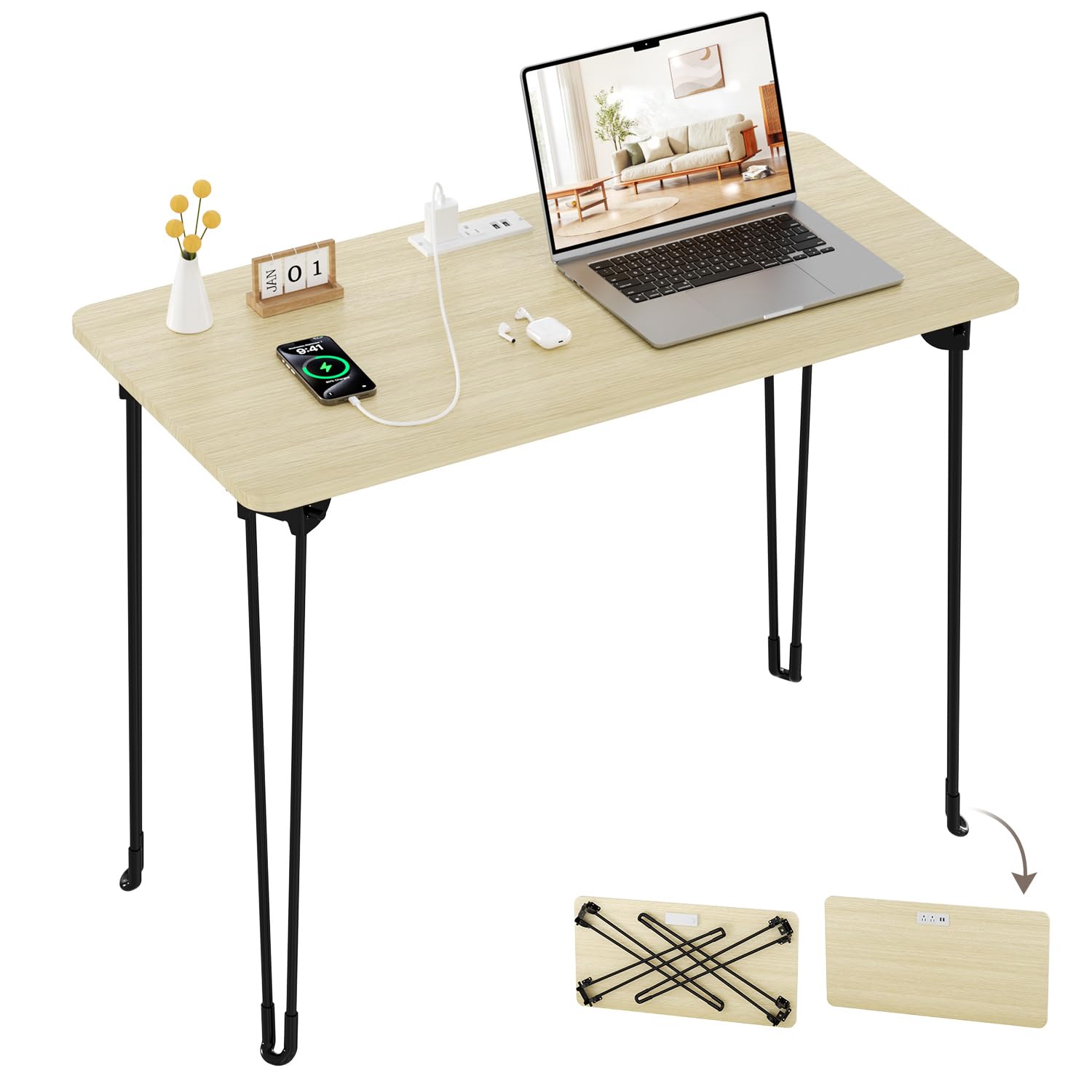 coeztt Folding Desk, 31.5" Hairpin Legs Small Desk with Power Strip for Bedroom, Space Saving Foldable Computer Desk for Home Office, No Assembly Need