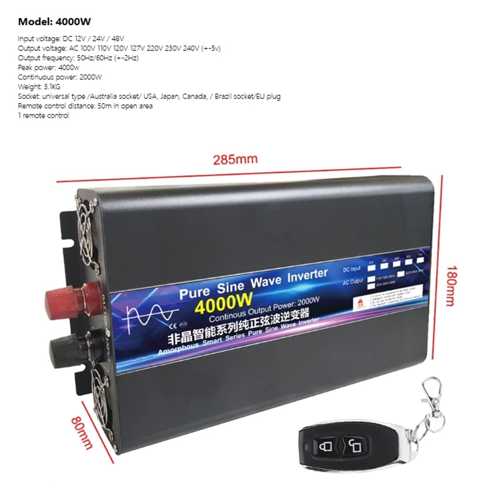 Inversor Potencia Onda Sinusoidal Pura 2000 W 4000 W CC 12 V 24 V 48 V A CA 110 V 127 V 220 V con Control Remoto Solar para Coche Portátil(12V,220V-240V 60Hz,Europe)