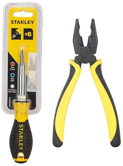 STANLEY 70-482 8'' Sturdy Steel Combination Plier Double Color Sleeve (Yellow and Black) andSTANLEY STHT68012-8 6-Way Quick Change Screwdriver
