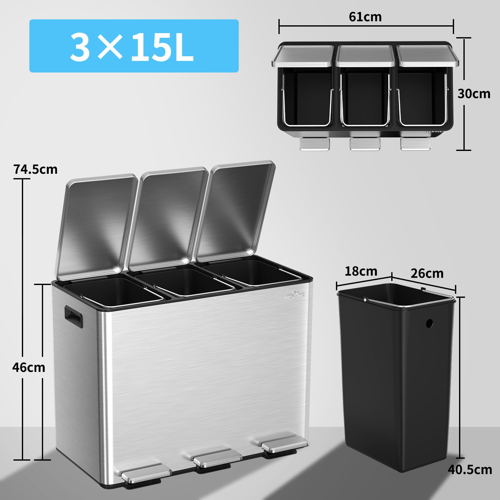 mVm Pattumiera Cucina, Pattumiera Differenziata 3 Scomparti, 3 x 15L, 3 Scomparti per Riciclaggio, in Acciaio Inossidabile, Secchi Interni Rimovibili, per Cucina, Ufficio, Argento