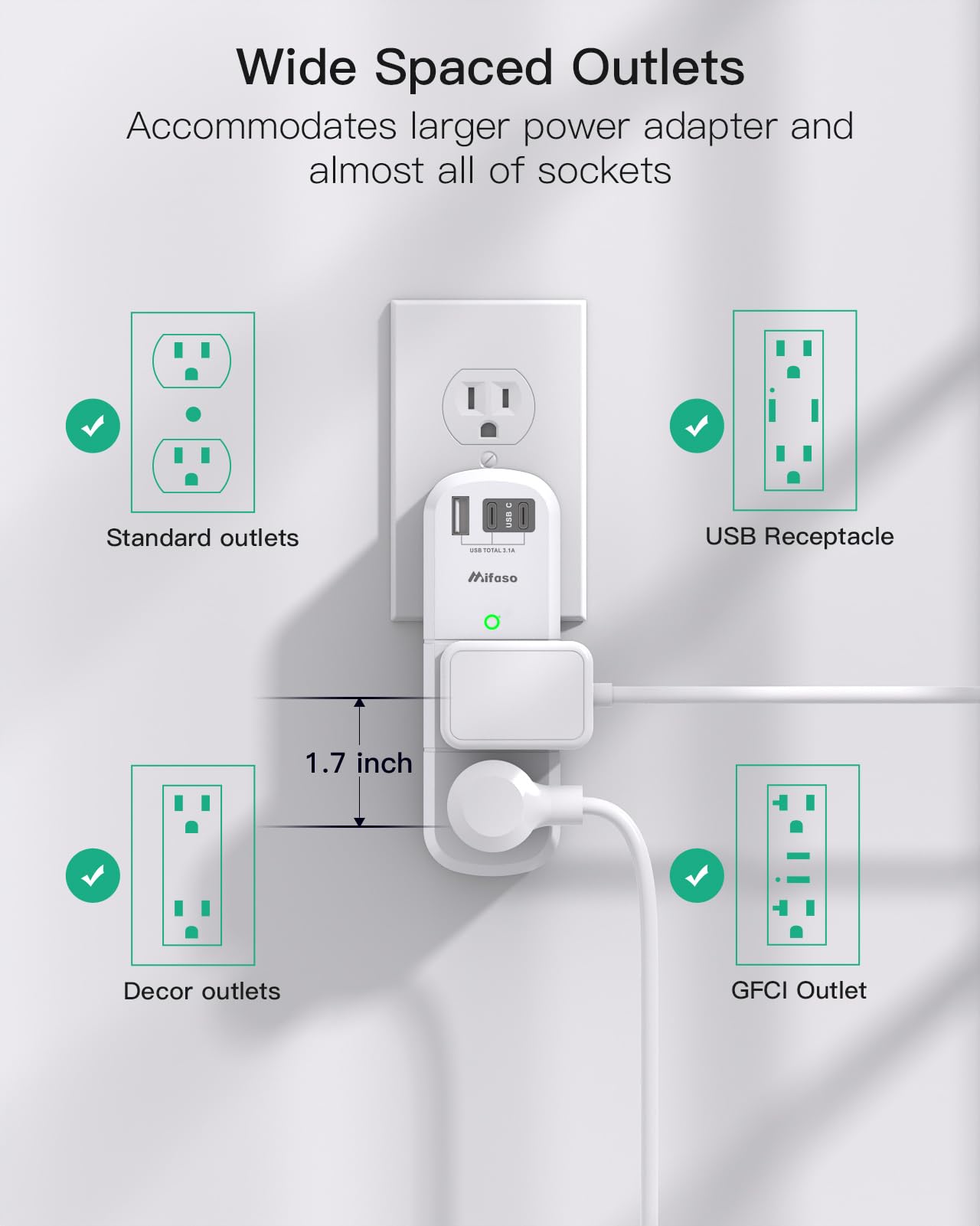 PD20W USB Outlet Extender Surge Protector - with Rotating Plug, 6 AC Multi Plug and 3 USB Ports (2 C), 3-Sided Swivel Power Strip Spaced Splitter for Home, Office, Travel — view 4