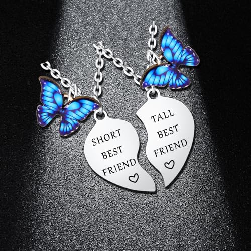 Funny Tall & Short Best Friend Heart Matching Pendant Necklace Set - 2PCs, Butterfly Charm, Perfect for Women - Bestie, Sister, Christmas & Birthday Gifts2