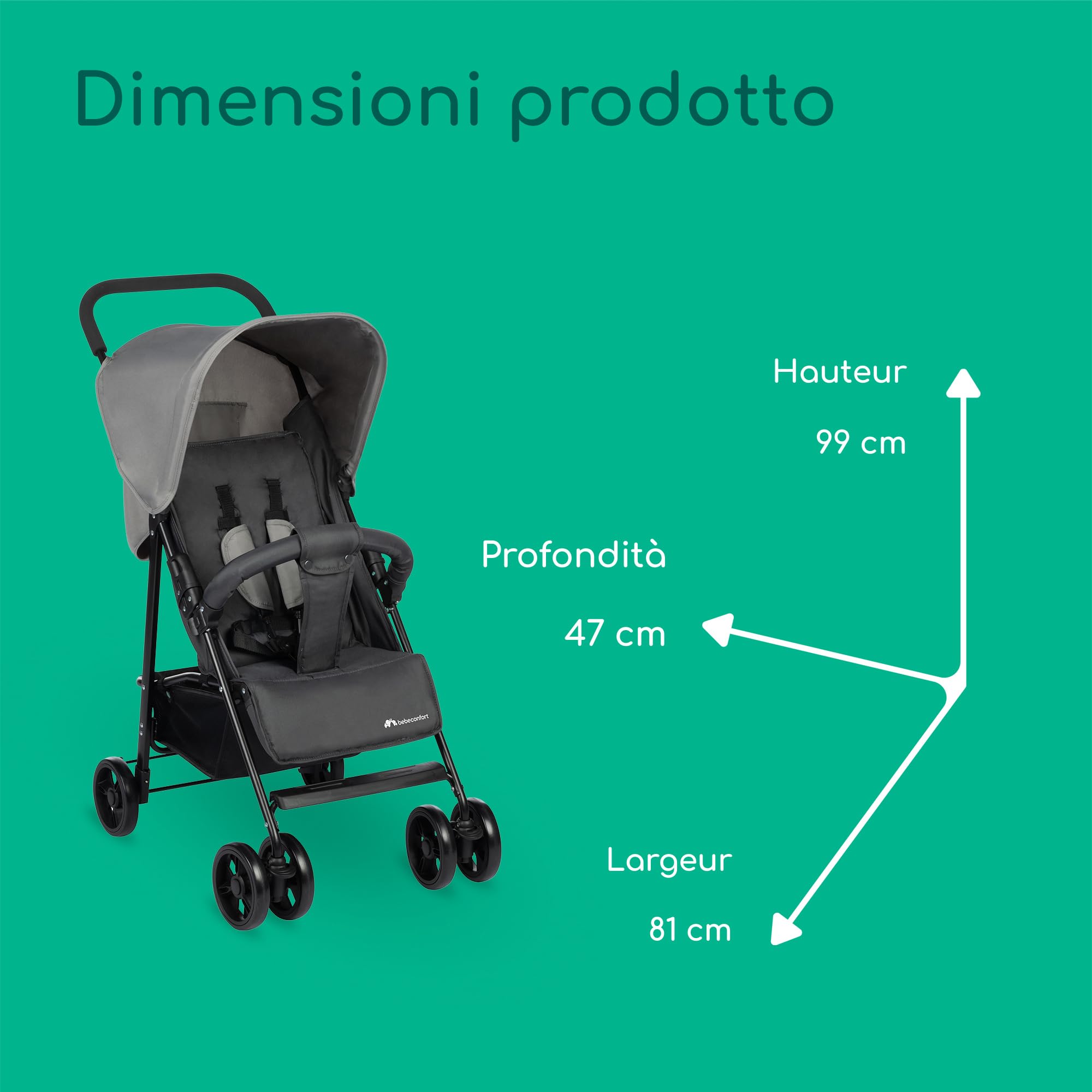 Bebeconfort Foggy, passeggino, da 0 a 3,5 anni, fino a 15 kg, passeggino portatile e leggero, con posizione sdraiata per neonati, compatto quando chiuso, corrimano articolato, Tinted Stone