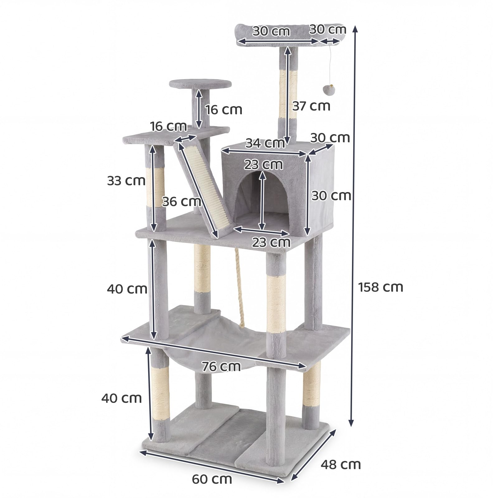 GOPLUS Árbol Rascador para Gatos de 6 Niveles, Rascador Alto para Gatos Adultos y Pequeños, con Percha, Cama, Hamaca, Posaderos, 5 Postes Rascadores, Cuerda para Rascar Uñas, Pelota (Gris Claro)