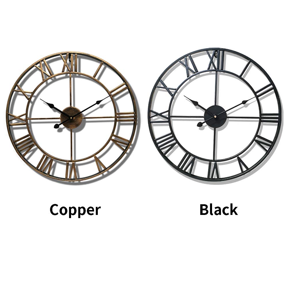 Reloj de jardín al aire libre, reloj de pared, agujas de regalo, números romanos para interiores y exteriores, metal preciso, silencioso, ornamento colgante redondo (negro)