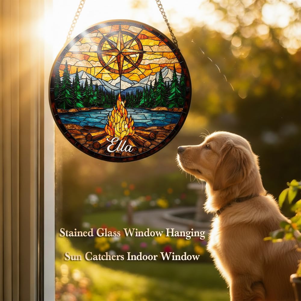 Custom Name Stain Glass Window Hanging Camping Decor Personalized Compass & Bonfire Window Art Mountain Forest Tree Suncatcher Adventure Theme Gift for Hiker for Dad 12in
