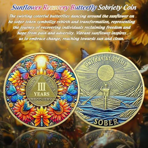 Image of Delicate Sunflower 3 Year Sobriety Coin - Three Year Recovery Butterfly AA Coins - One Day at A Time NA HA AA Chips and Medallions - 1-40 Years Living Clean Alcoholics Anonymous Gifts for Men Women