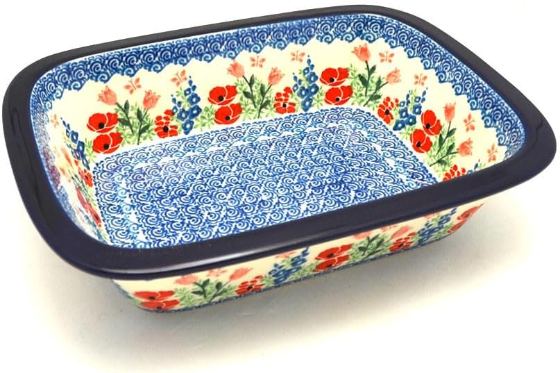 Polish Pottery Baker - Rectangular with Grip Lip - Whimsical Garden