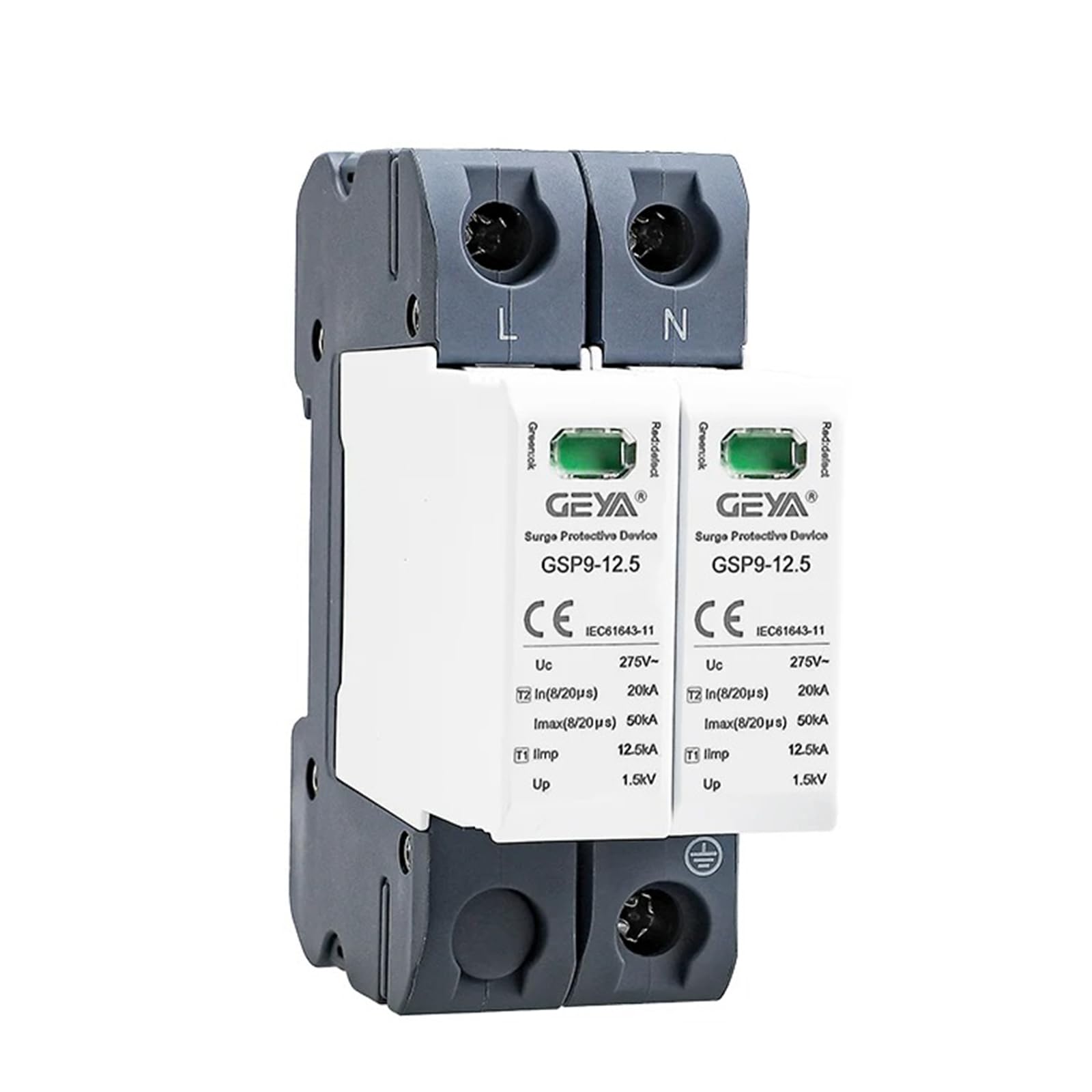 GEYA SPD Limitatore di Sovratensione Guida DIN Casa Protezione contro le sovratensioni 12.5KA T1+T2 Classe 50KA(2P,AC275V)