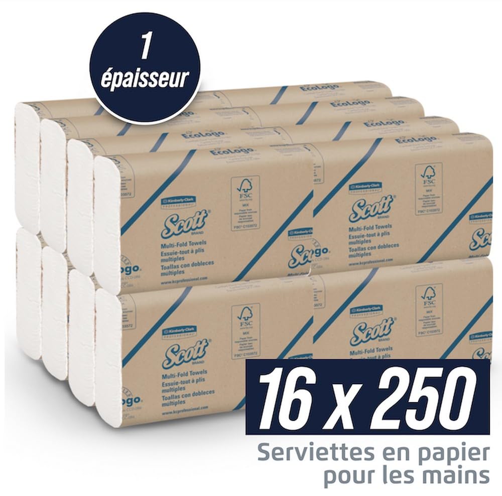 Scott Essential Essuie-Mains, 16 Multiplis en Z, Blancs, Technologie Airflex, Doux, Absorbants et Résistants, 16 Paquets x 250 Feuilles (4 000 Feuilles au Total), article 1804