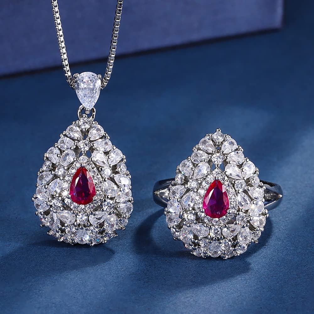 LYGXWJFC 4 * 6mm Collana con Ciondolo in Rubino Anelli per Donna Set Completo di Gioielli da Sposa con Pietre preziose con Diamanti da Laboratorio Regalo Femminile