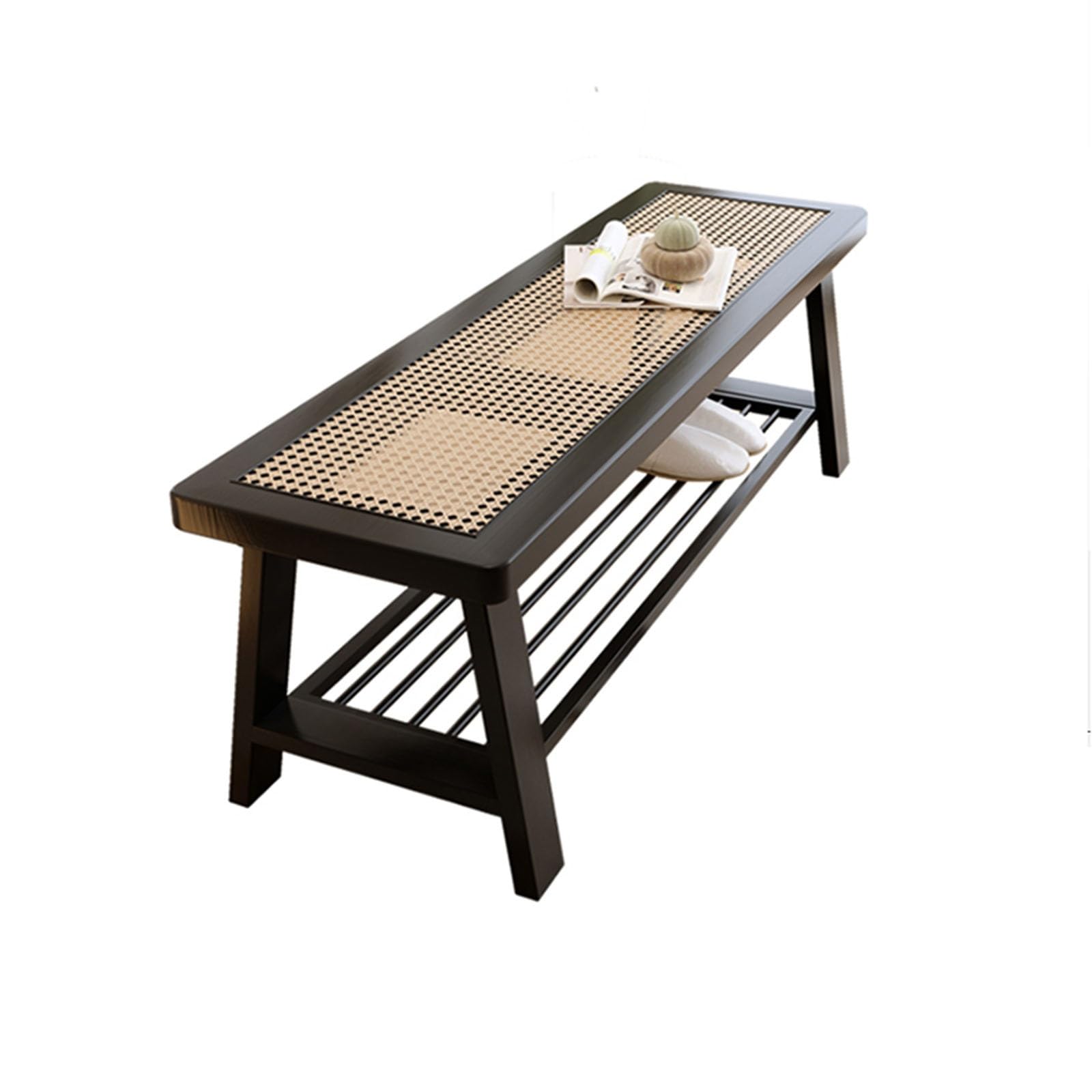 Braided Rattan Shoe Changing Bench Home Door Bench Wooden Bench Rattan Bench Length 60cm/80cm/100cm/120cm(Black,80 * 35 * 42cm)