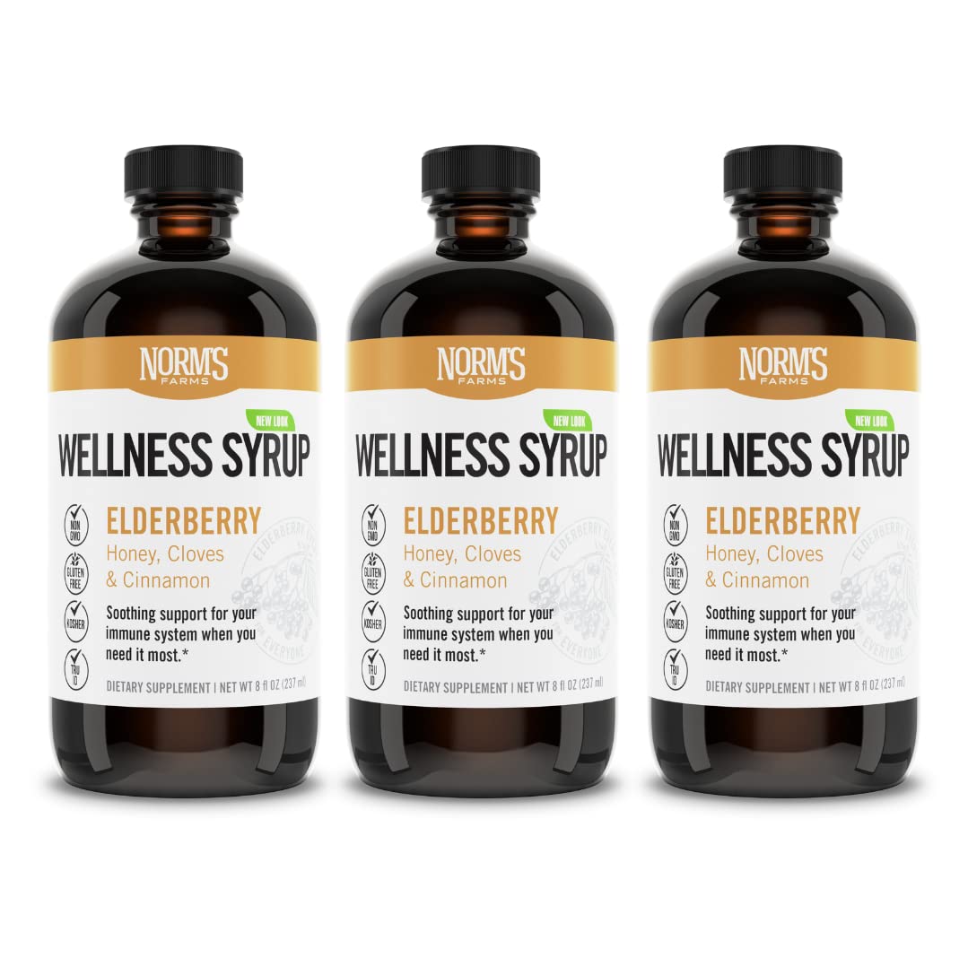 Norm's FarmsBlack Elderberry Wellness Syrup + Honey, Cinnamon, & Cloves - Natural Immune Support - Kosher, Gluten Free, Non-GMO - 3PK 8 Oz. Bottles
