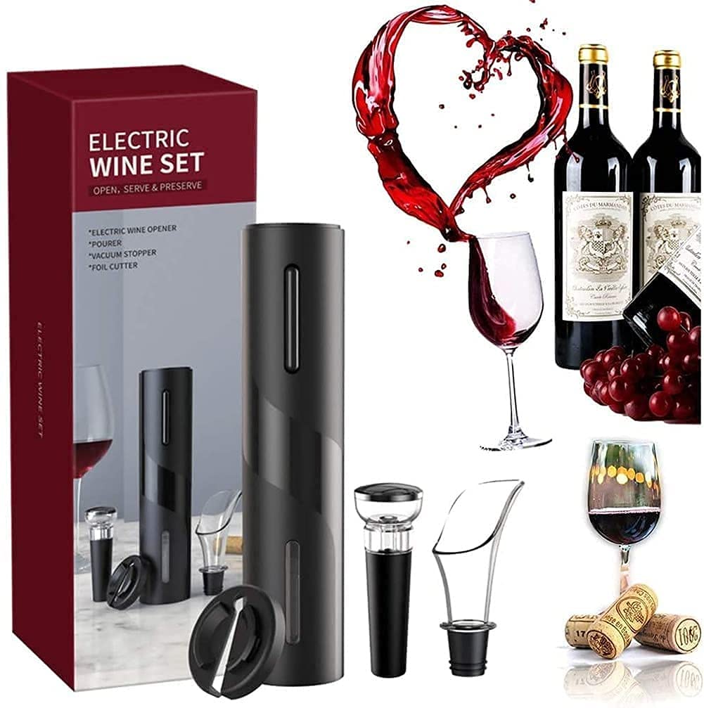 Electric Wine Bottle Opener, Rechargeable Automatic Corkscrew Gift Set, Clefairy Powered Cork Remover Kit, Includes Foil Cutter, Wine Vacuum Pump Stoppers, and Wine Aerator Pourer, Black