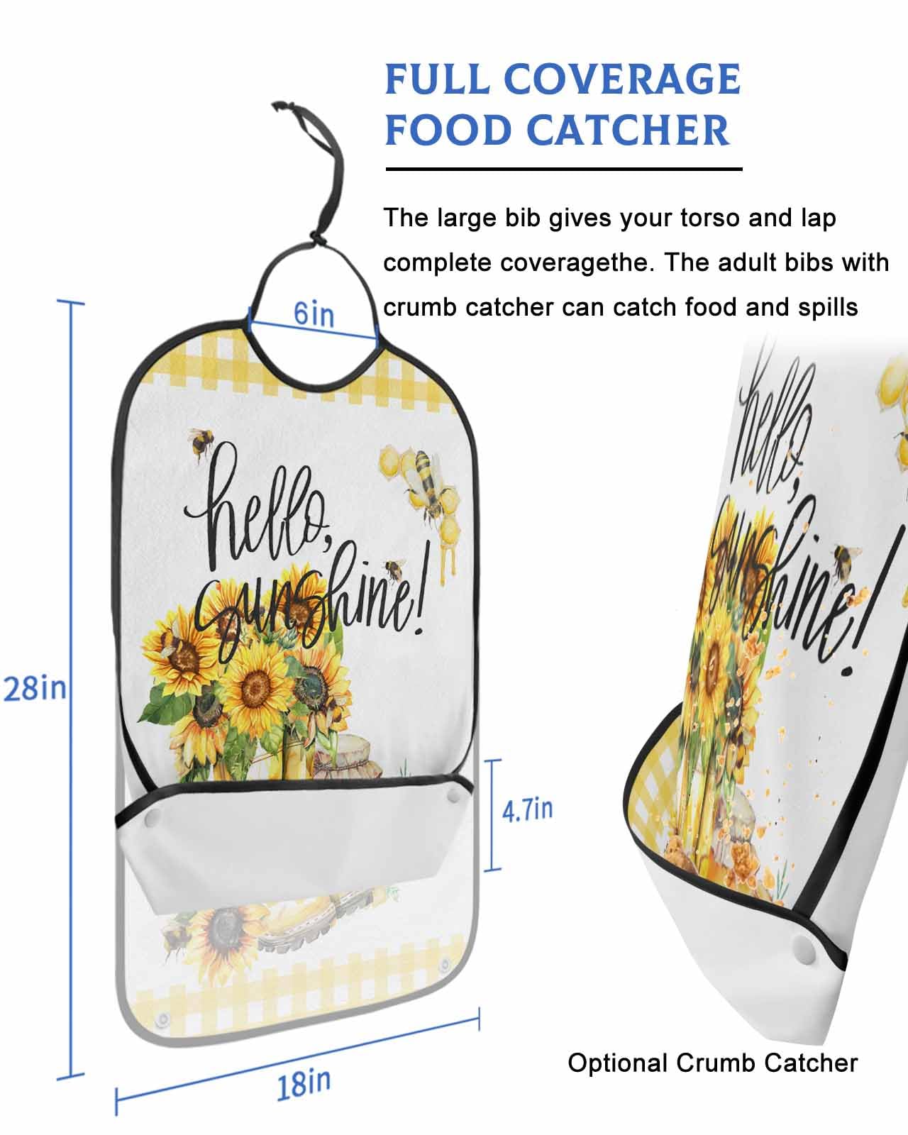 LEOKOTI Sunflower Adult Bibs for Eating, Waterproof Bibs with Food Catcher & Adjustable Snap Closure, Yellow Plaid Watercolor Bee Floral Washable Clothing Protectors Adult Bibs for Elderly Women/Men