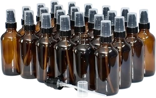 GlassBottleOutlet (Paquete de 24) 4 oz. Ámbar Boston redondo con bomba de tratamiento negra